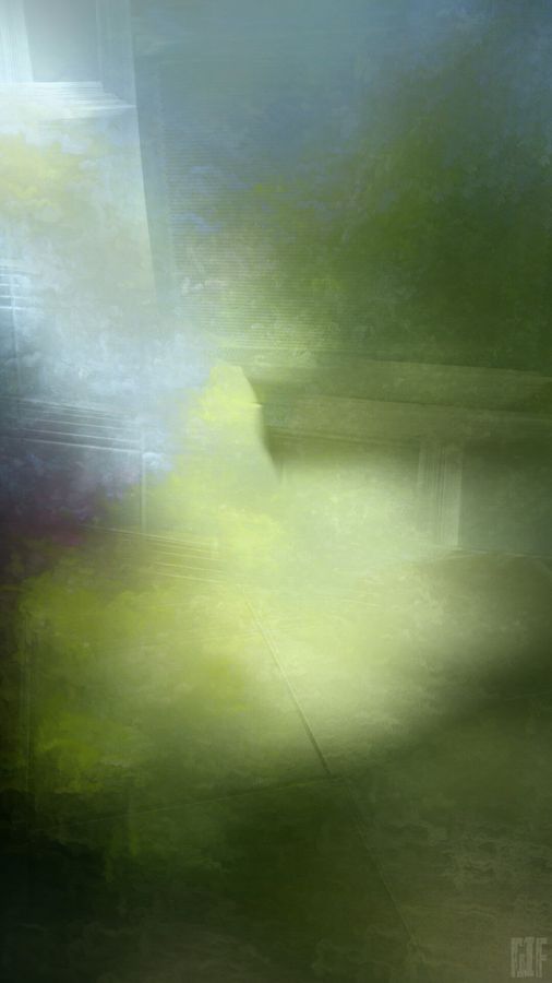 Voile de lumière verte et jaune noyant une architecture à peine lisible.